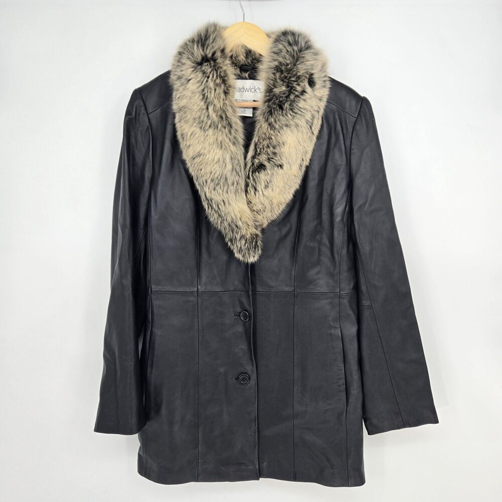 Vintage 80s/90s genuine fox fur collared black‎ leather overcoat - womens M